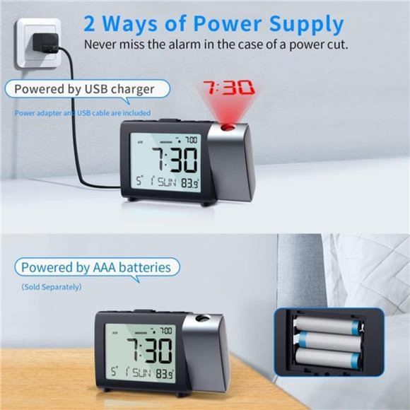 Projection Clock with Power Adapter and USB Cable for Bedroom Ceiling Wall - Picture 4 of 5